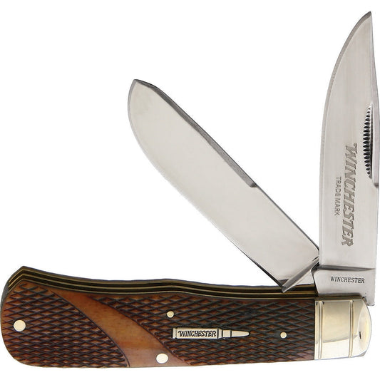 Heavy Trapper - Brown Checkered Bone-Winchester Knives-OnlyKnives
